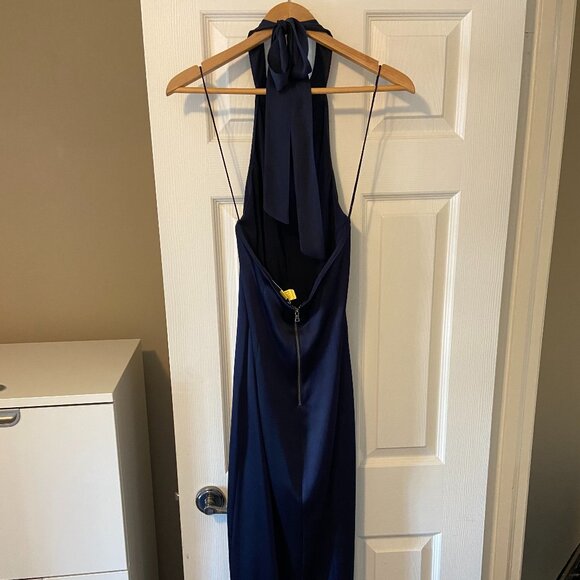 Alice + Olivia LIKE NEW Regina Satin Tieneck Halter Dress in Navy Blue - Picture 6 of 12
